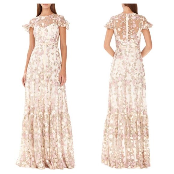NEW Monique Lhuillier Size 12 Floral Embroidered Gown Maxi Long Formal Dress - Picture 1 of 14